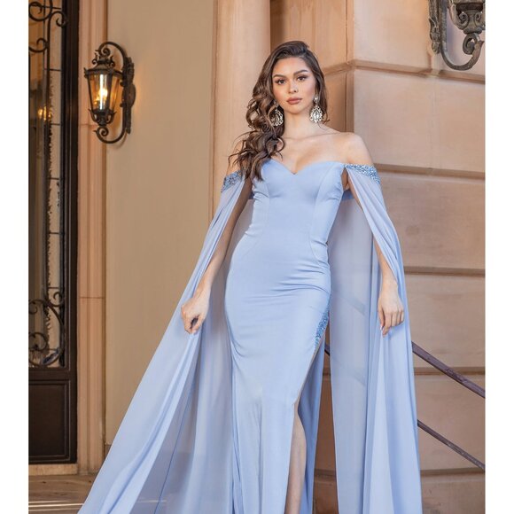 New Off Shoulder Sheath Dress w/ Beads Embroidery & Shoulder Drapes DQ 4306 - Picture 1 of 9